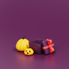 Happy Halloween design creative concept celebration holiday,halloween pumpkins with gift box on purple background.3d render.