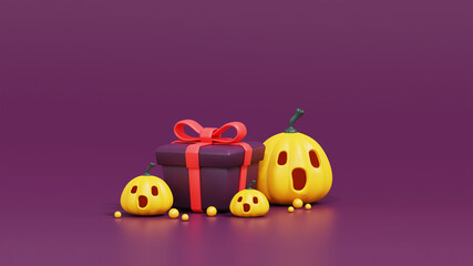 Happy Halloween design creative concept celebration holiday,halloween pumpkins with gift box on purple background.3d render.