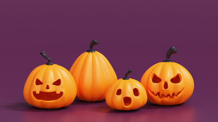 A group of orange halloween pumpkins jack o lantern decor.on purple background with a text area to add your message. 3d render.