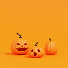 Orange halloween pumpkins on Orange background, holiday decoration. 3d rendering.