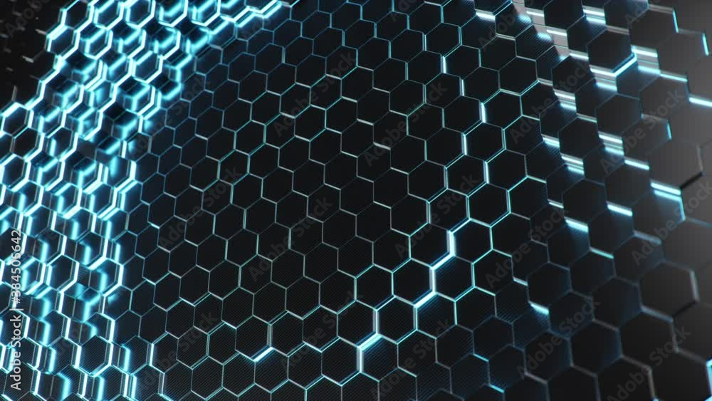 Poster abstract blue futuristic hexagons surface pattern, honeycomb with offset effect. blue abstract glowi