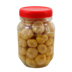 pickled garlic in bottle isolated on white