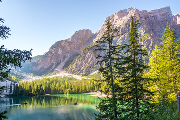 View at the mountain nature by the Lake Braies in South Tyrol - Italy