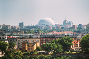 Fototapeta na wymiar Stockholm, Sweden. Ericsson Globe In Summer Skyline. It's Currently The Largest Hemispherical Building In The World, Used For Major Concerts, Sport Events