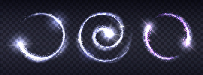 Luminous shining circles on a transparent background. A set of round star lights or comets with a glitter effect.