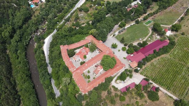 Aerial view of Medieval Bachkovo Monastery Dormition of the Mother of God, Bulgaria