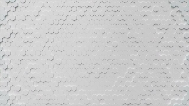 Abstract white-blue futuristic hexagons surface pattern, honeycomb with offset effect. White-blue abstract sci-fi background. Hexagonal wall moving in waves. Looped Seamless 3D animation