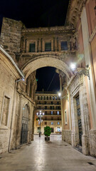 Fototapeta na wymiar Street and arch next to the Valencia Cathedral at night