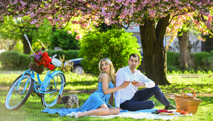 Fototapeta premium Attractive Couple Enjoying Romantic Sunset Picnic in Countryside. Couple drinking wine sunny day. Cute couple drinking wine picnic. Romance concept. Inspiring feelings. Cheers. Celebrate anniversary