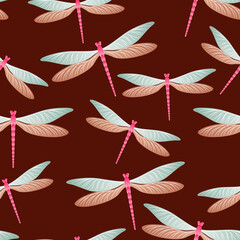 Dragonfly decorative seamless pattern. Repeating dress textile print with darning-needle insects. 