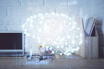Double exposure of desktop computer and human brain drawing hologram. Ai concept.