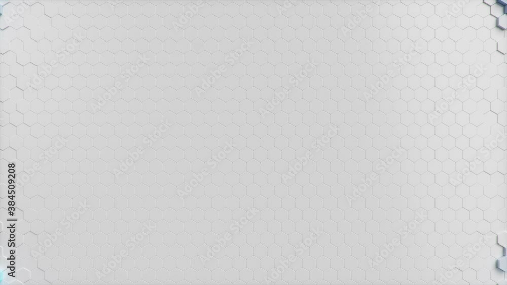 Poster movement of a wall of hexagons in waves up and down, which creates blue self-luminous hexagons. abst