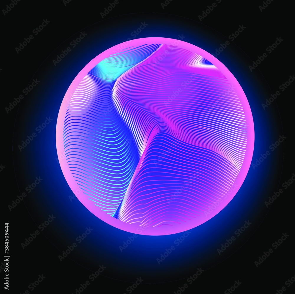 Poster glowing neon sphere on dark background. synthwave and cyberpunk style aesthetics.
