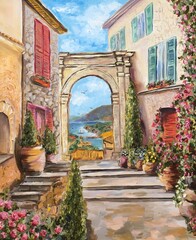 Fototapeta na wymiar Oil painting Italian courtyard. Italian old street painting. Oil art arch