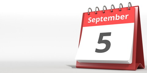 September 5 date on the flip calendar page, 3d rendering