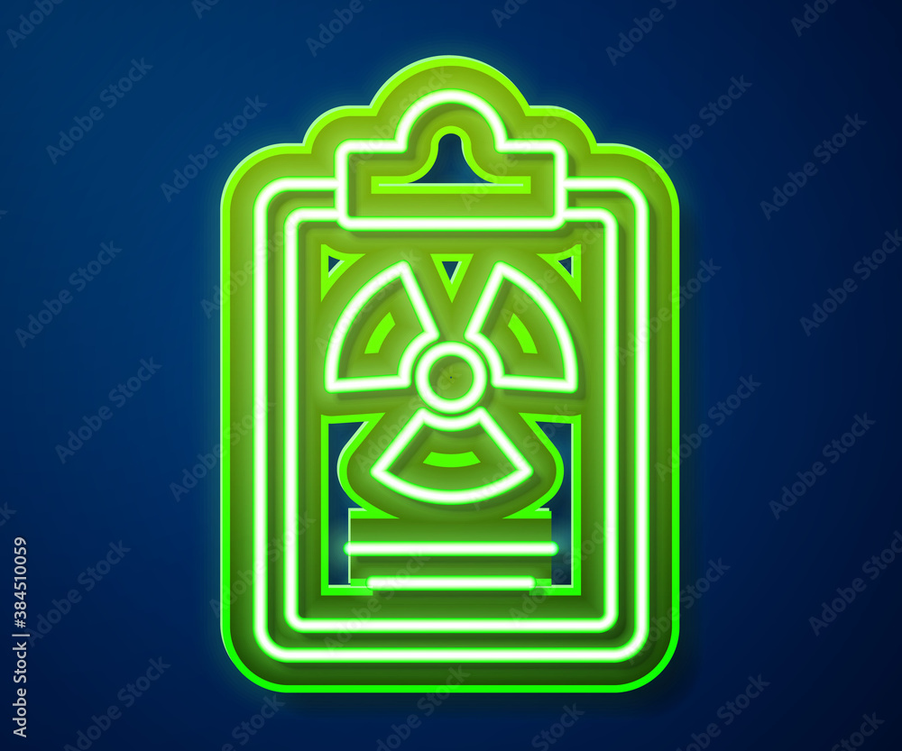 Poster glowing neon line radiation warning document icon isolated on blue background. text file. vector.