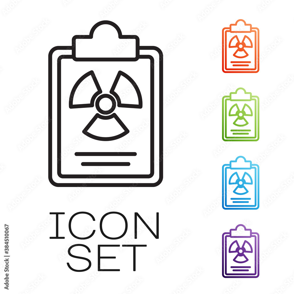 Poster black line radiation warning document icon isolated on white background. text file. set icons colorf
