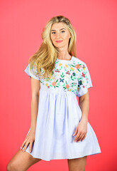 cute woman has blond hair. fashion and beauty. summer dress female collection. stylish makeup for her. sexy blonde on pink background. hairdresser beauty salon. looking so trendy