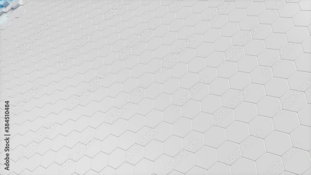 Poster movement of a wall of hexagons in waves up and down, which creates blue self-luminous hexagons. abst