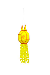 Colorful yellow paper lanterns hanging on white rope isolated on background , clipping path