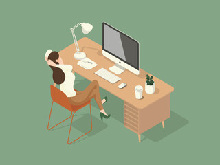 women sat and stretched while working on the desk. Isometric Illustration about 
working on the table.
