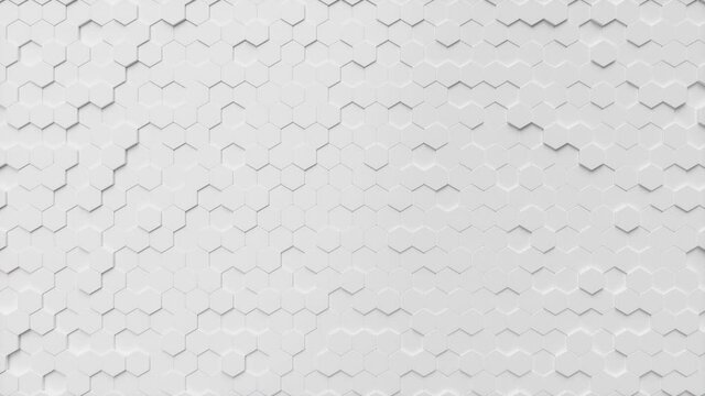 Abstract white-blue futuristic hexagons surface pattern, honeycomb with offset effect. Hexagonal wall moving in waves. Abstract futuristic surface of hexagonal pattern. Looped Seamless 3D Animation