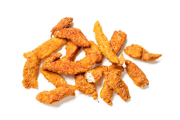 Delicious crispy fried breaded chicken breast strips . isolated on white background
