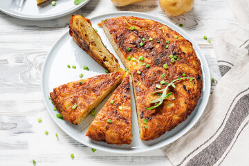Spanish Tortilla, Pincho de Tortilla. Homemade spanish omelette with potatoes and eggs.