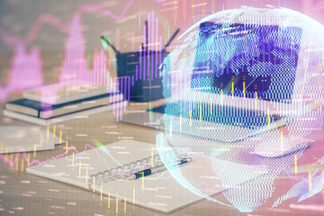 Multi exposure of forex graph and work space with computer. Concept of international online trading.