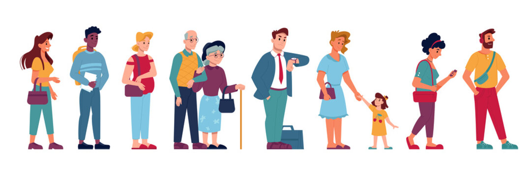 People crowd in queue line standing and waiting, vector flat isolated. People group in queue row, pregnant woman, old man with kid child, cartoon icons of people in line in hurry or impatient