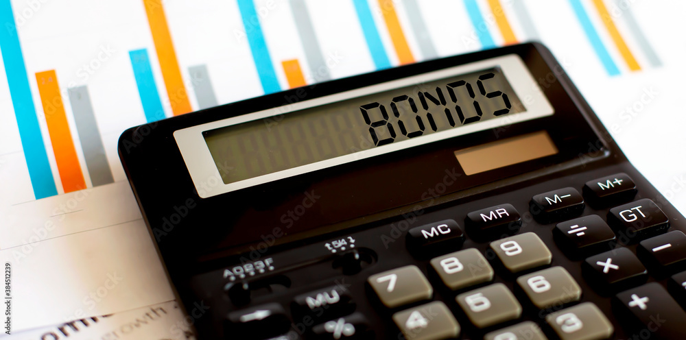 Poster calculator with the word bonds on the display with chart and glasses