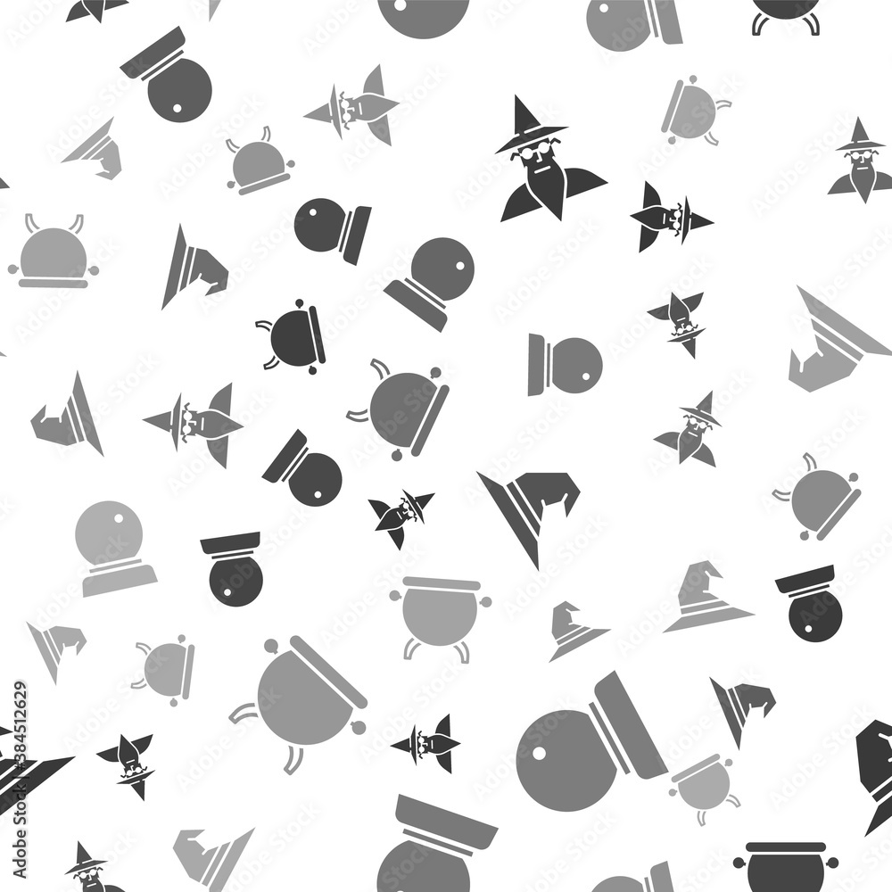 Poster Set Wizard warlock, Magic ball, Witch hat and Witch cauldron on seamless pattern. Vector.