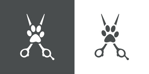 Peluquería de mascotas. Logotipo con tijera de peluquero y zarpa de perro en fondo gris y fondo blanco
