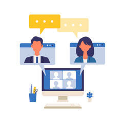 Business talk concept. Vector illustration of people talking via telecommuting system. Concept for video conference, workers at home or office.