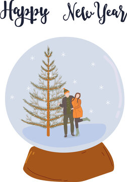 snow globe with couple in love and Christmas tree. vector illustration. Happy New year card  