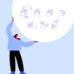 Character wearing a face mask with an infographic banner about how to wash hands properly. Flat illustration of a woman with covered face. Covid-19 prevention instructions.