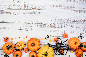 Halloween decoration. Trick or treat in autumn and fall season. Pumpkin face and scary symbol on...