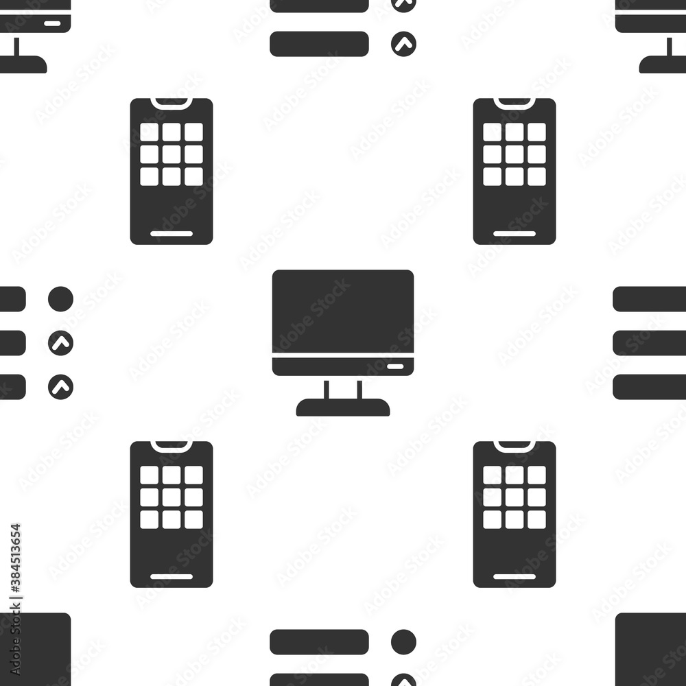 Poster set task list, computer monitor screen and mobile phone on seamless pattern. vector.