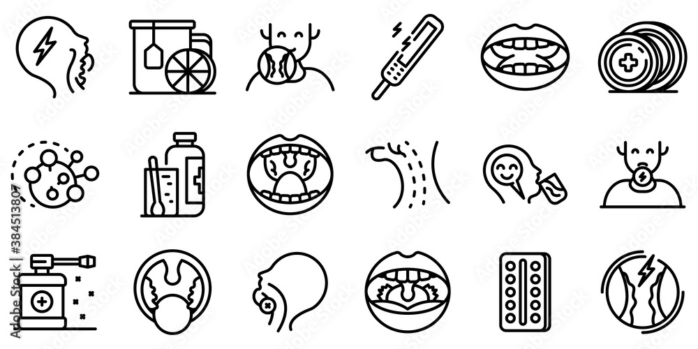 Poster tonsillitis icons set. outline set of tonsillitis vector icons for web design isolated on white back