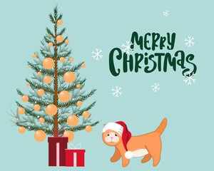Christmas tree with red cat. Merry Christmas.Warm greeting card. 