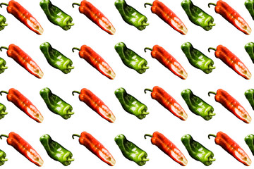 Pattern green peppers and red isolated on white background