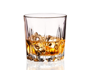 Crystal glass of whiskey with ice cubes isolated on white.