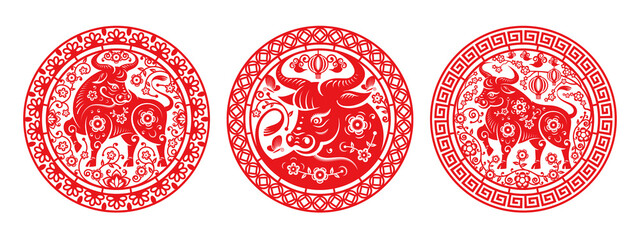 Metal Ox Chinese New Year symbol in peonies isolated set of circles. Vector CNY 2021 mascot in round flowers arrangement, papercut. Bull China and Korea zodiac sign, horned animal in oriental calendar - obrazy, fototapety, plakaty