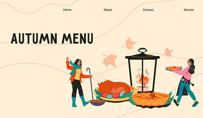 Autumn menu web banner with tiny cooks preparing seasonal dishes, flat vector illustration. Restaurant site page interface for Thanksgiving, Halloween or fall season card.