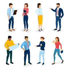 Trendy business people. Workers, hipsters, businessmen and business woman, programmers, clerks. In the modern hipster clothing. Suitable for different workplace. 3d Isometric Illustration Vector