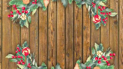 Christmas and New Year banner frame. Christmas decoration on the wooden table.