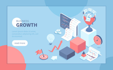 Business Growth and Success. Steps to Financial Achievement, Management, Marketing. Arrow, winner's cup with money, target. Isometric vector illustration for poster, presentation, banner, website.