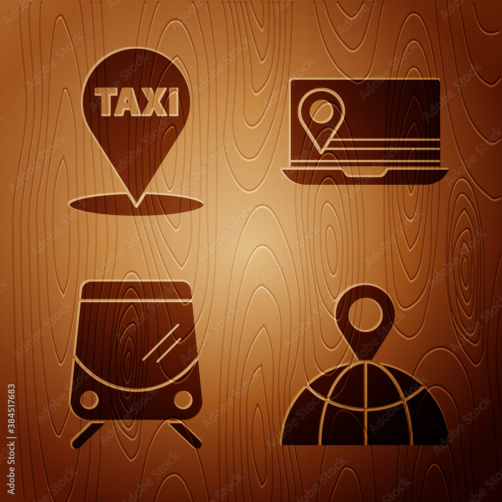 Poster set location on the globe, map pointer with taxi, tram and railway and laptop with location marker o