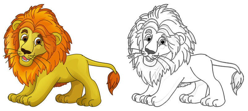 cartoon scene with lion cat animal with sketch - illustration