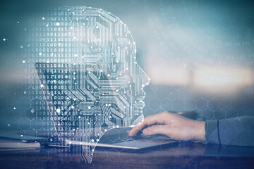 Man typing on keyboard background with brain hologram. Concept of big Data. Double exposure.